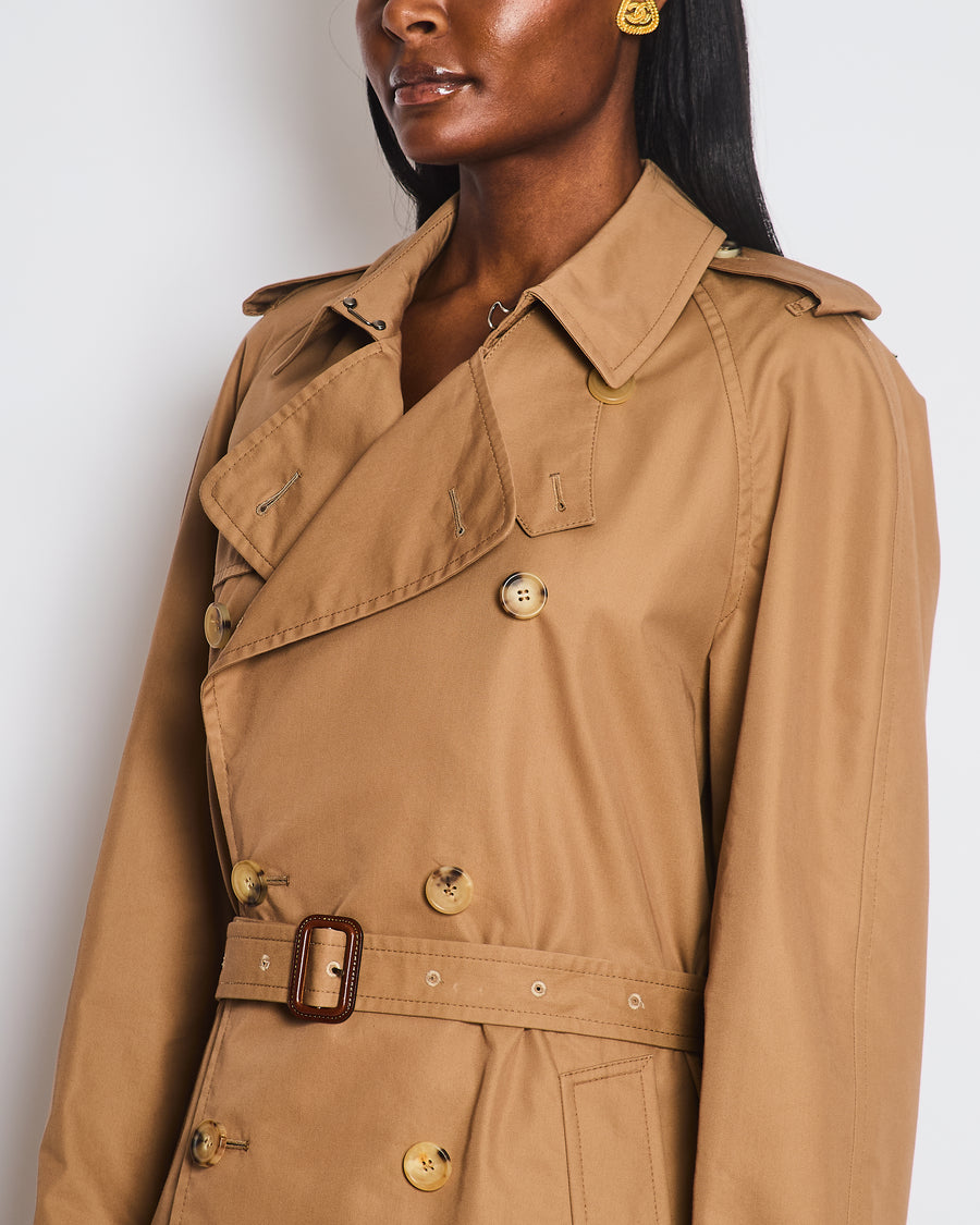 Gucci Taupe Knee Length Trench Coat with Sequin Tiger Embellishment and Floral Embroidery Size UK 8 / 10