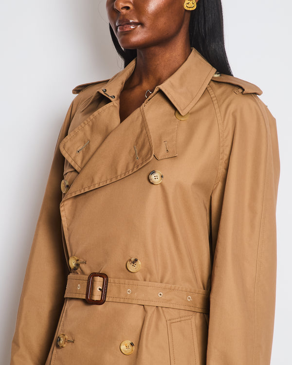 Gucci Taupe Knee Length Trench Coat with Sequin Tiger Embellishment and Floral Embroidery Size UK 8 / 10