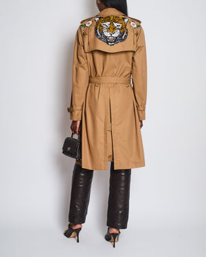 Gucci Taupe Knee Length Trench Coat with Sequin Tiger Embellishment and Floral Embroidery Size UK 8 / 10