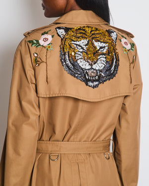 Gucci Taupe Knee Length Trench Coat with Sequin Tiger Embellishment and Floral Embroidery Size UK 8 / 10