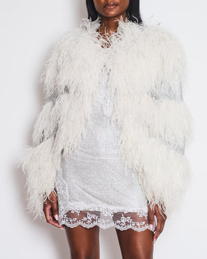 Mikael D White Feather Long Sleeve Jacket with Silver Crystal Stripe Detail Size FR 38 (UK 10)