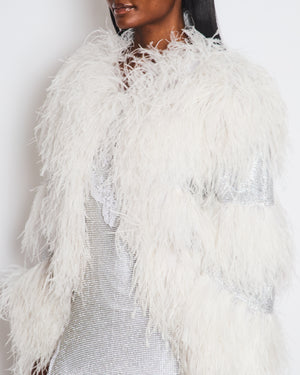 Mikael D White Feather Long Sleeve Jacket with Silver Crystal Stripe Detail Size FR 38 (UK 10)