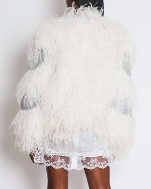 Mikael D White Feather Long Sleeve Jacket with Silver Crystal Stripe Detail Size FR 38 (UK 10)