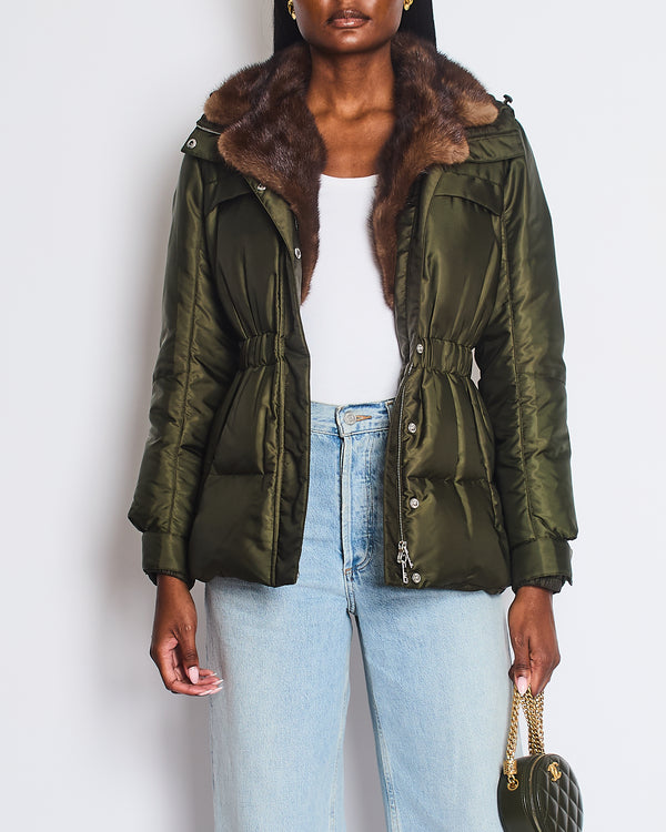 Prada Khaki Green Puffer Coat with Cinched Waist and Brown Fur Collar Detail Size IT 42 (UK 10)