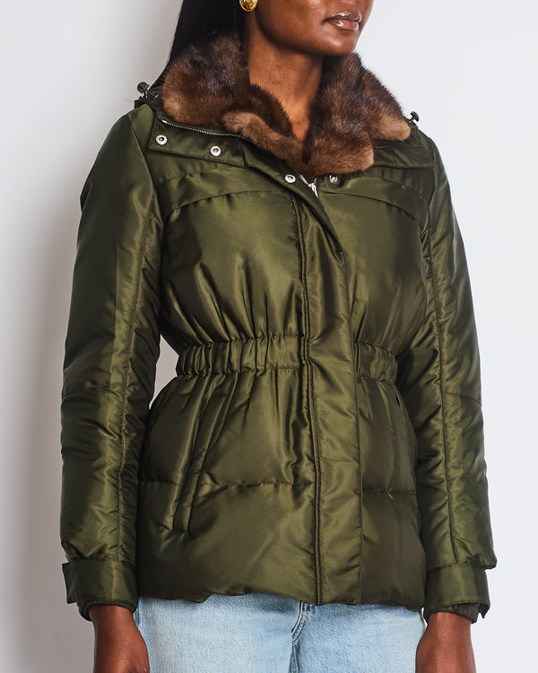 Prada Khaki Green Puffer Coat with Cinched Waist and Brown Fur Collar Detail Size IT 42 (UK 10)