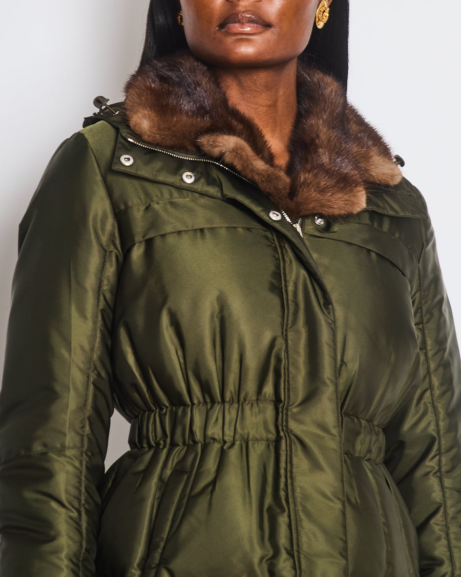 Prada Khaki Green Puffer Coat with Cinched Waist and Brown Fur Collar Detail Size IT 42 (UK 10)