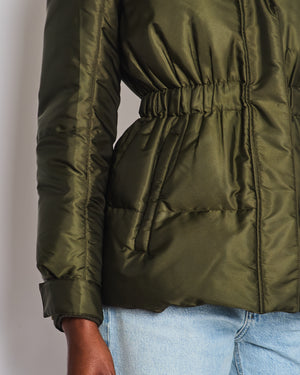 Prada Khaki Green Puffer Coat with Cinched Waist and Brown Fur Collar Detail Size IT 42 (UK 10)