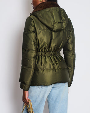 Prada Khaki Green Puffer Coat with Cinched Waist and Brown Fur Collar Detail Size IT 42 (UK 10)