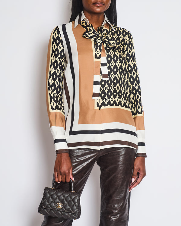 Valentino Brown, Cream Silk Graphic Logo Print Shirt Size IT 36 (UK 4)
