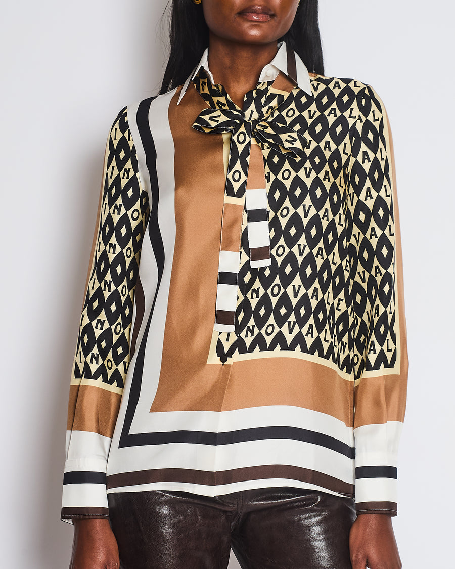 Valentino Brown, Cream Silk Graphic Logo Print Shirt Size IT 36 (UK 4)