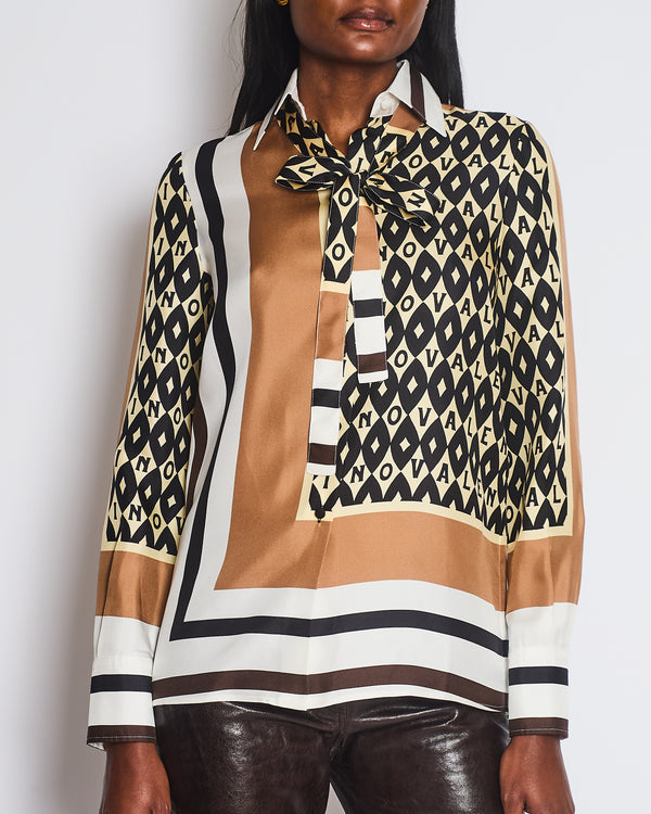 Valentino Brown, Cream Silk Graphic Logo Print Shirt Size IT 36 (UK 4)