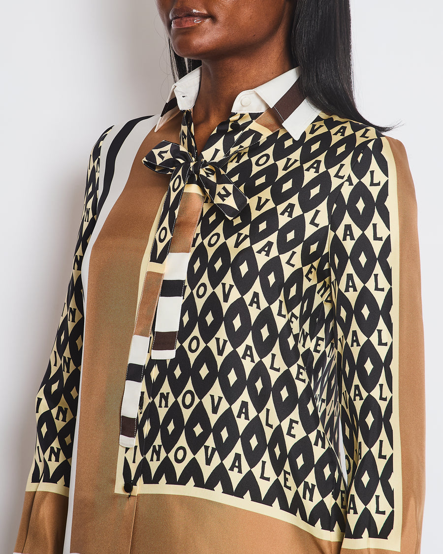 Valentino Brown, Cream Silk Graphic Logo Print Shirt Size IT 36 (UK 4)