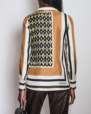 Valentino Brown, Cream Silk Graphic Logo Print Shirt Size IT 36 (UK 4)