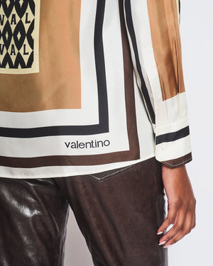 Valentino Brown, Cream Silk Graphic Logo Print Shirt Size IT 36 (UK 4)