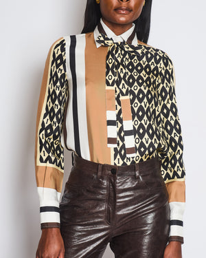 Valentino Brown, Cream Silk Graphic Logo Print Shirt Size IT 36 (UK 4)