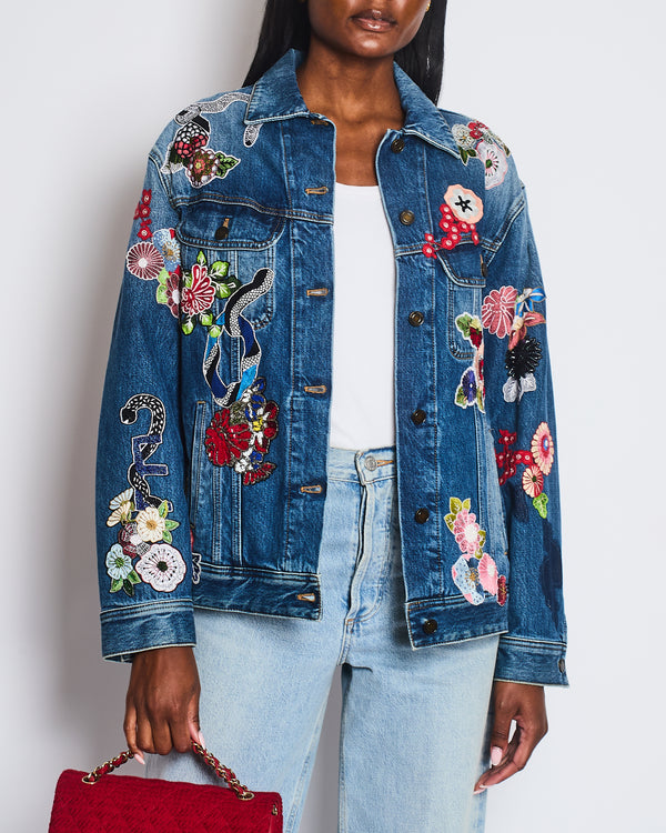 Saint Laurent Denim Over-Sized Floral Embroidered Jacket Size S (UK 8)