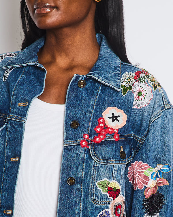 Saint Laurent Denim Over-Sized Floral Embroidered Jacket Size S (UK 8)