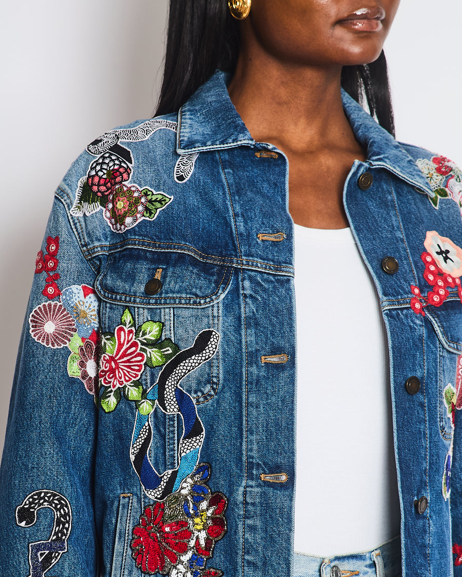 Saint Laurent Denim Over-Sized Floral Embroidered Jacket Size S (UK 8)