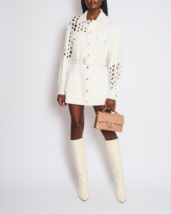 MM6 Maison Margiela White Oversized Denim Punch-Hole Belted Jacket Size EU 36 (UK 8)