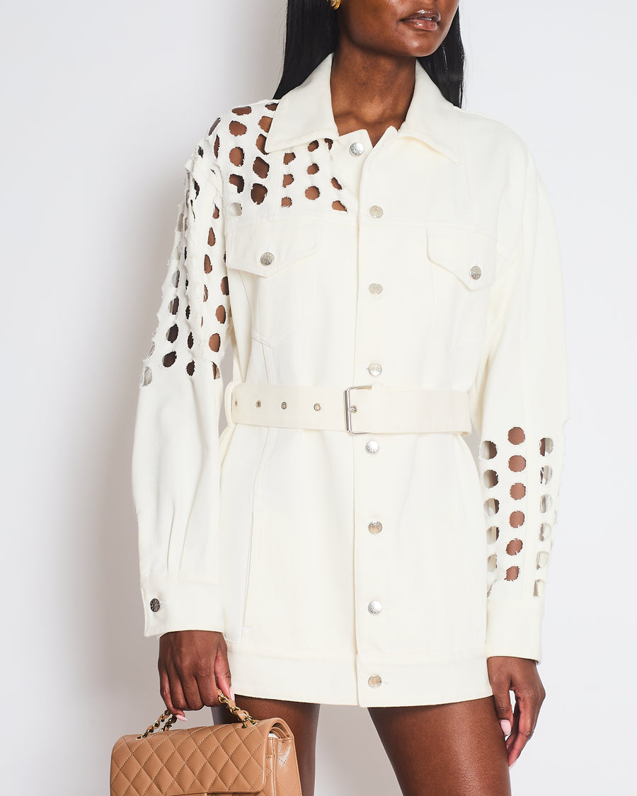 MM6 Maison Margiela White Oversized Denim Punch-Hole Belted Jacket Size EU 36 (UK 8)