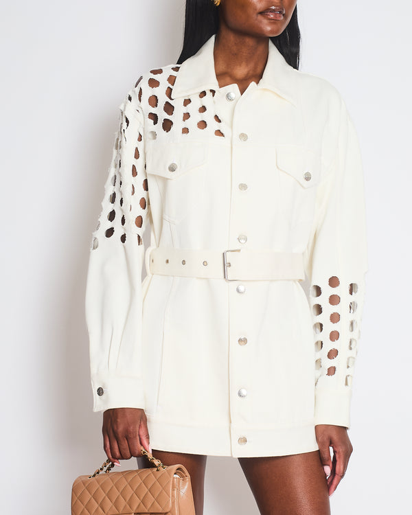 MM6 Maison Margiela White Oversized Denim Punch-Hole Belted Jacket Size EU 36 (UK 8)