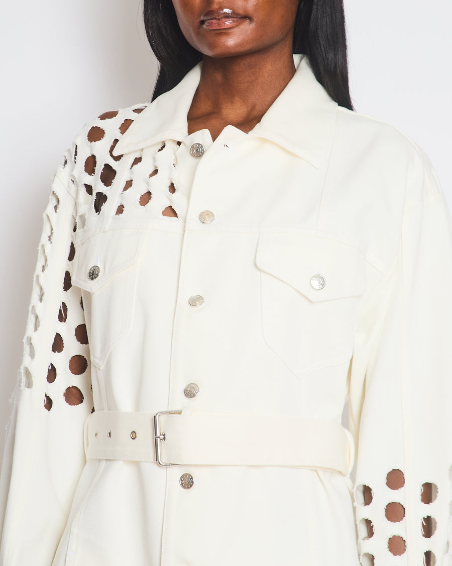 MM6 Maison Margiela White Oversized Denim Punch-Hole Belted Jacket Size EU 36 (UK 8)