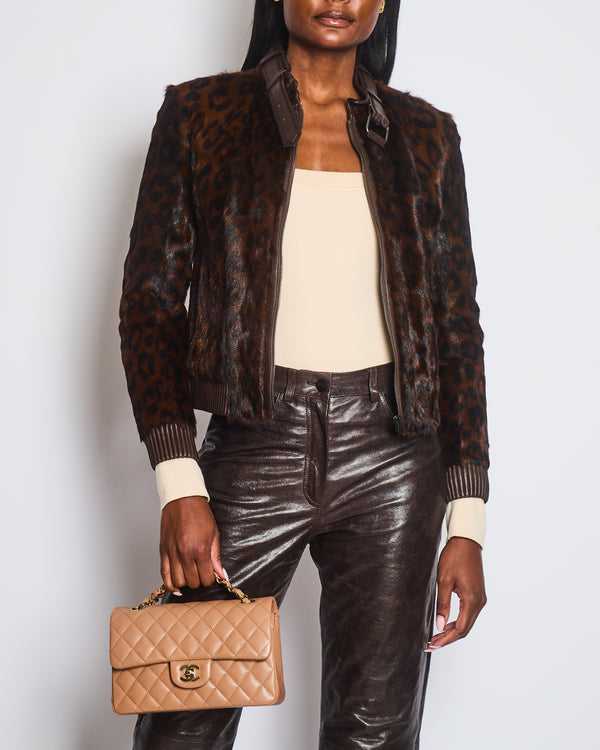 Tom Ford Chocolate Brown Leopard Print Fur Bomber Jacket with Leather Details Size FR 36 (UK 8)