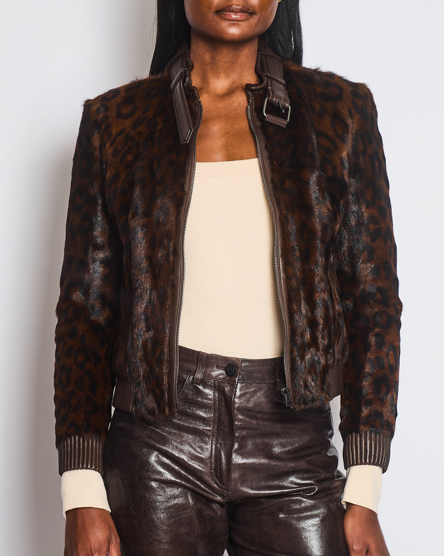 Tom Ford Chocolate Brown Leopard Print Fur Bomber Jacket with Leather Details Size FR 36 (UK 8)