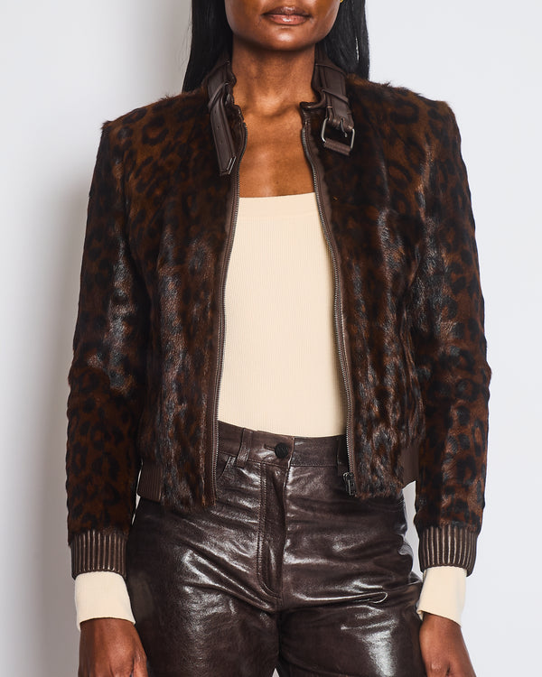 Tom Ford Chocolate Brown Leopard Print Fur Bomber Jacket with Leather Details Size FR 36 (UK 8)