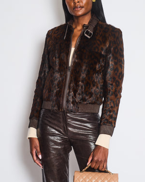 Tom Ford Chocolate Brown Leopard Print Fur Bomber Jacket with Leather Details Size FR 36 (UK 8)