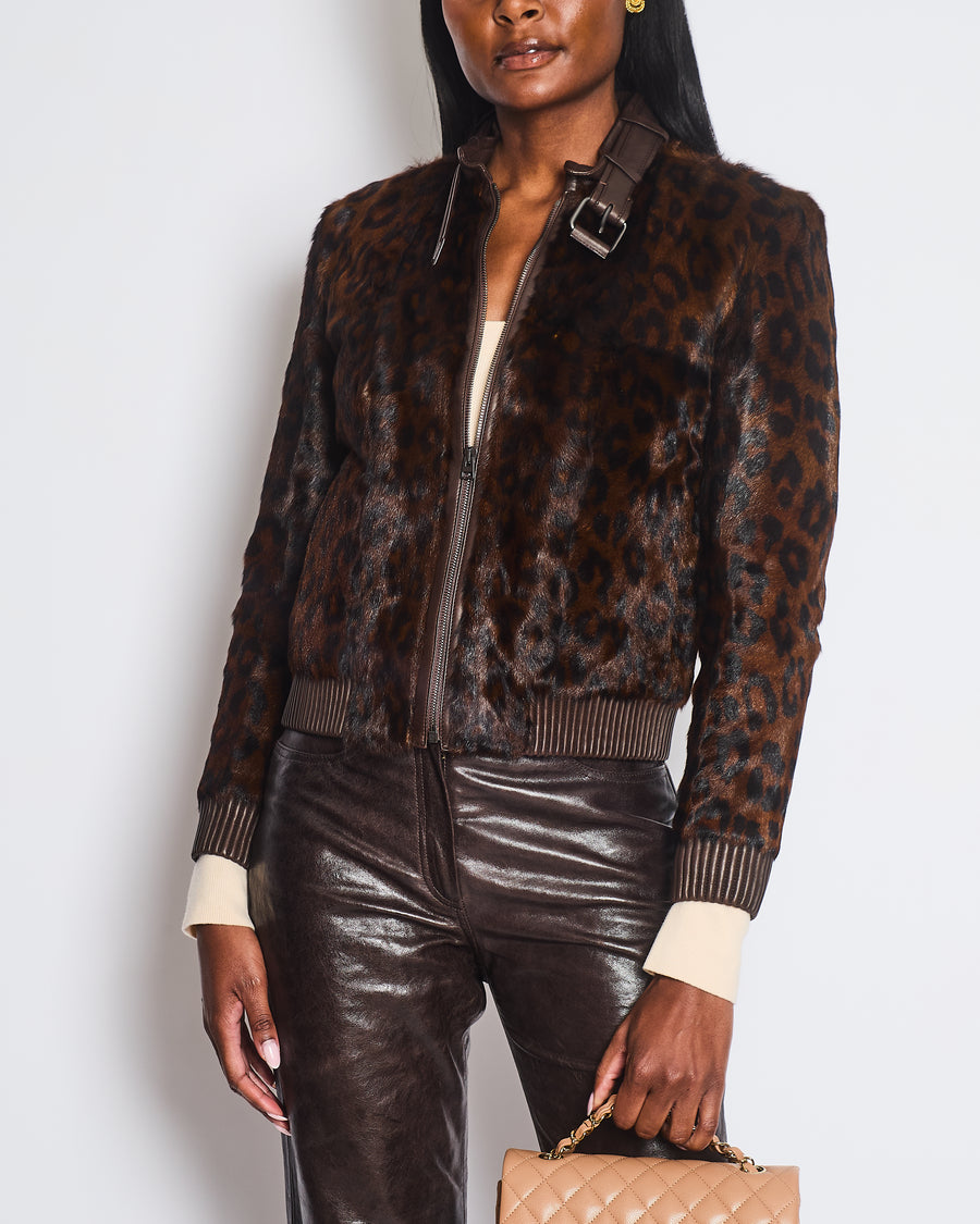 Tom Ford Chocolate Brown Leopard Print Fur Bomber Jacket with Leather Details Size FR 36 (UK 8)