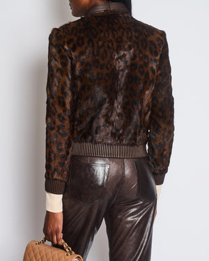 Tom Ford Chocolate Brown Leopard Print Fur Bomber Jacket with Leather Details Size FR 36 (UK 8)
