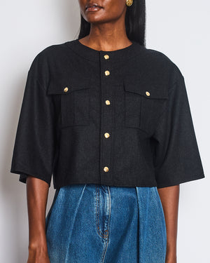 Celine Graphite Triomphe Collarless Cropped Jacket with Gold Logo Buttons &amp; 3/4 Sleeves Detail Size FR 34 (UK 6)