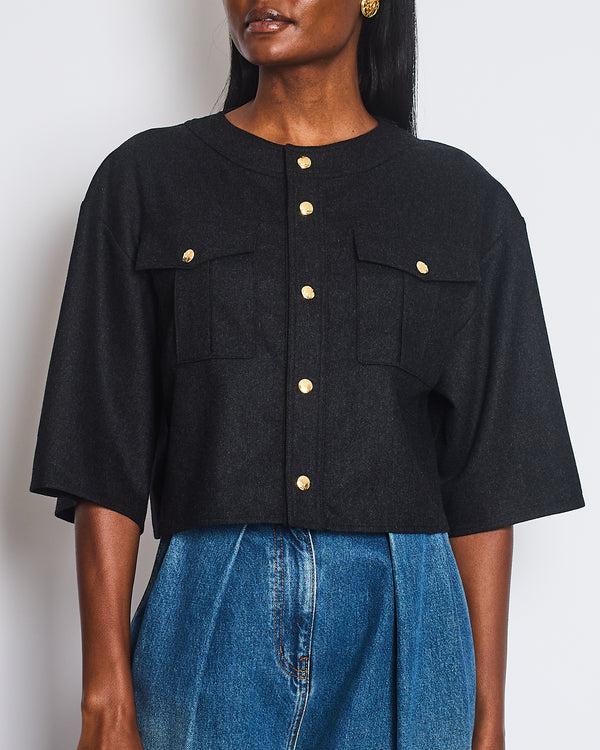 Celine Graphite Triomphe Collarless Cropped Jacket with Gold Logo Buttons &amp; 3/4 Sleeves Detail Size FR 34 (UK 6)