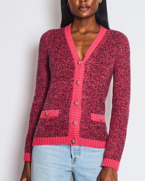 Chanel Pink and Black Long Sleeve Cardigan with Silver Crystal Button Detail Size FR 34 (UK 6)