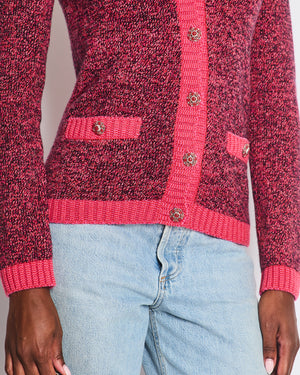 Chanel Pink and Black Long Sleeve Cardigan with Silver Crystal Button Detail Size FR 34 (UK 6)