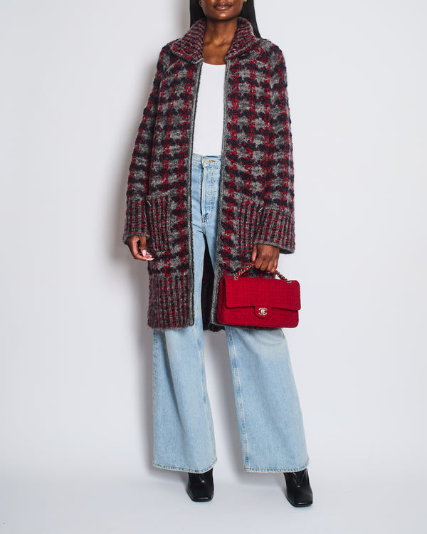 Chanel Grey, Red Navy Wool Tweed Over Coat Pocket Details Size FR 40 (UK 12)
