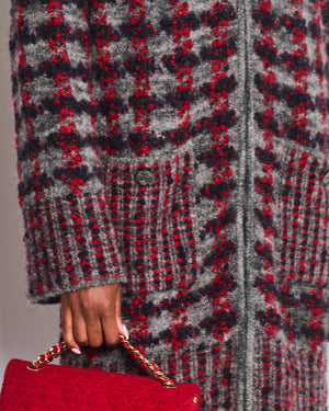 Chanel Grey, Red Navy Wool Tweed Over Coat Pocket Details Size FR 40 (UK 12)