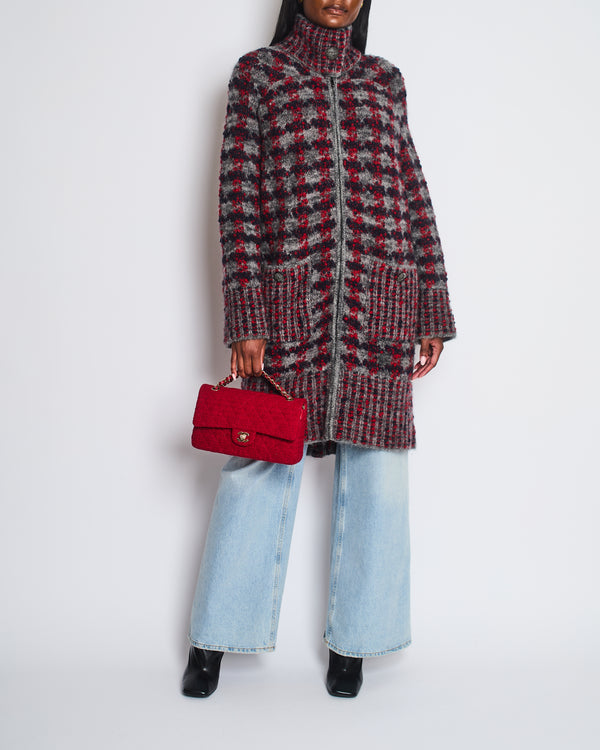 Chanel Grey, Red Navy Wool Tweed Over Coat Pocket Details Size FR 40 (UK 12)
