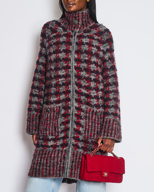Chanel Grey, Red Navy Wool Tweed Over Coat Pocket Details Size FR 40 (UK 12)