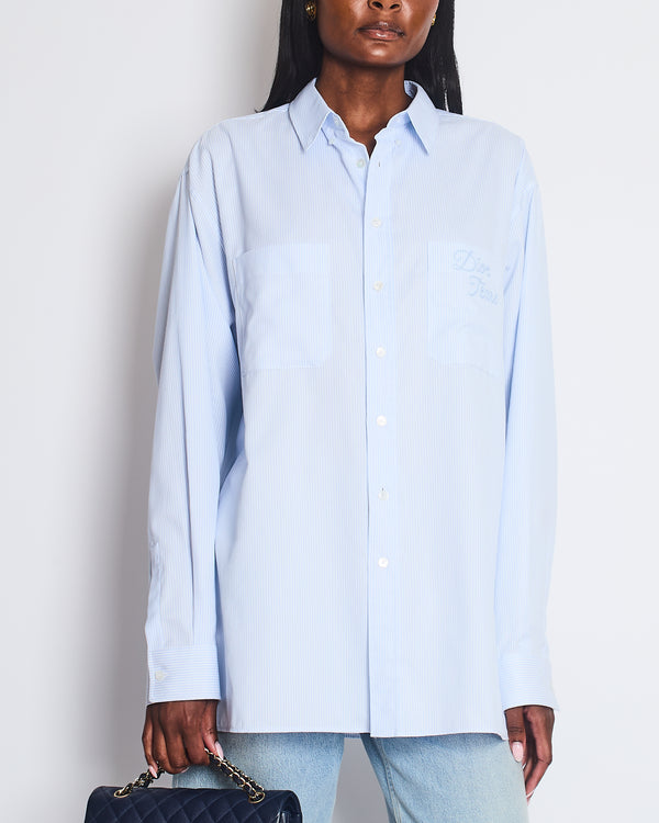 Christian Dior Menswear Blue and White Pin Stripe Button Down Shirt with Pockets and Dior Tears Embroidery Size EU 40 (UK 38)