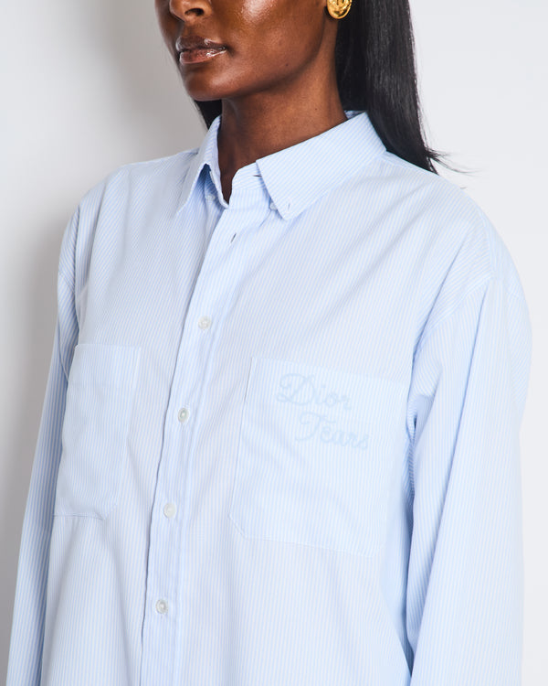 Christian Dior Menswear Blue and White Pin Stripe Button Down Shirt with Pockets and Dior Tears Embroidery Size EU 40 (UK 38)