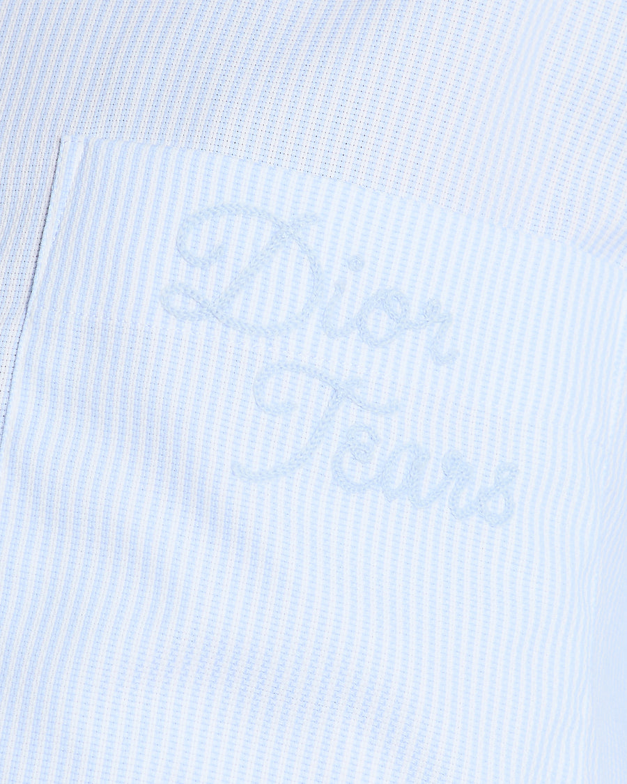 Christian Dior Menswear Blue and White Pin Stripe Button Down Shirt with Pockets and Dior Tears Embroidery Size EU 40 (UK 38)