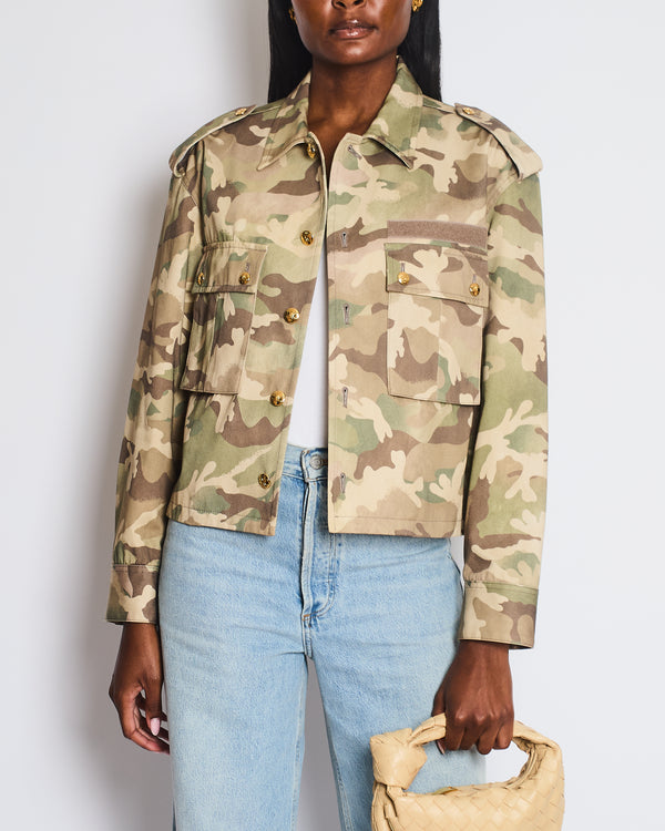 Celine Green and Brown Camouflage Cotton Jacket with Gold Crest Button Details Size FR 38 (UK 10)