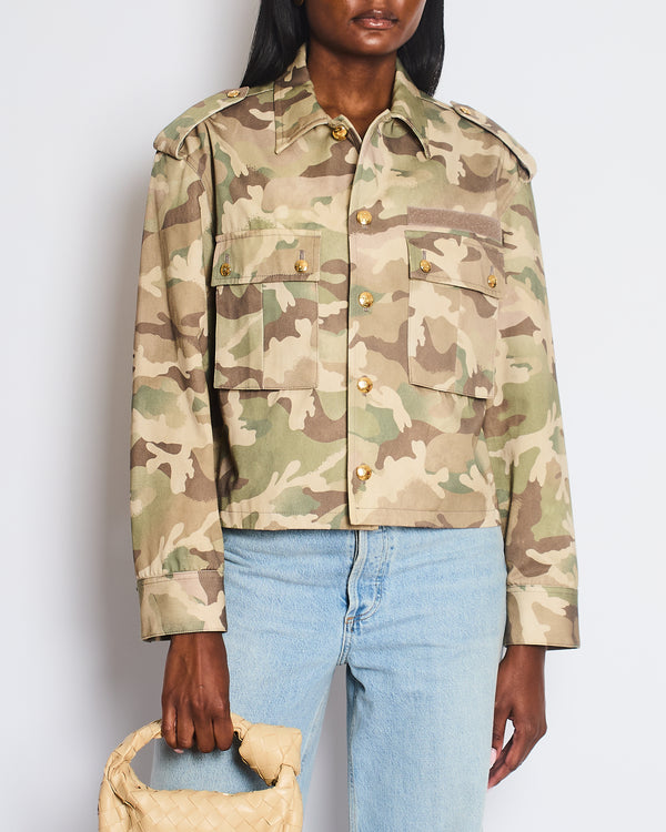 Celine Green and Brown Camouflage Cotton Jacket with Gold Crest Button Details Size FR 38 (UK 10)