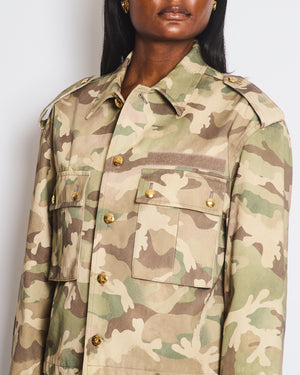 Celine Green and Brown Camouflage Cotton Jacket with Gold Crest Button Details Size FR 38 (UK 10)
