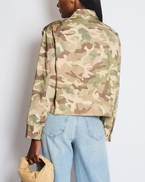 Celine Green and Brown Camouflage Cotton Jacket with Gold Crest Button Details Size FR 38 (UK 10)