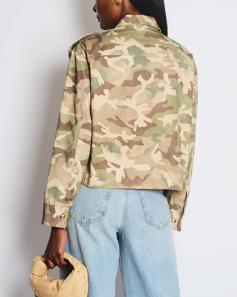 Celine Green and Brown Camouflage Cotton Jacket with Gold Crest Button Details Size FR 38 (UK 10)