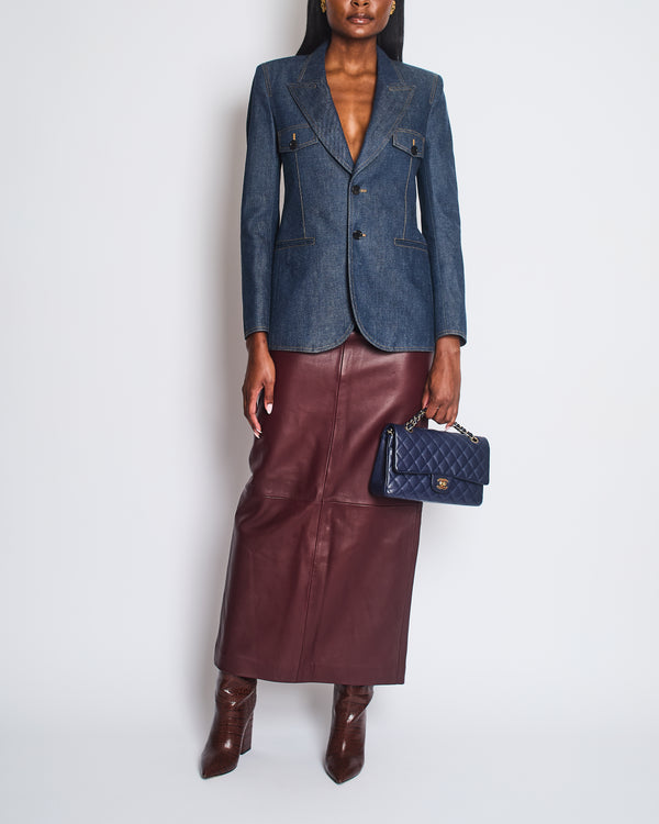 Saint Laurent Blue Denim Single Breasted Blazer with Brown Contrast Stitching Detail Size FR 36 (UK 8) RRP £1,935