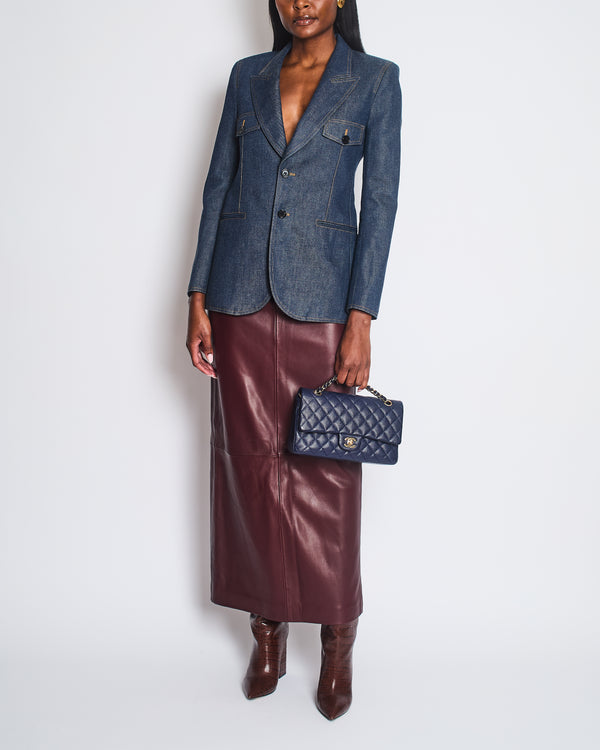 Saint Laurent Blue Denim Single Breasted Blazer with Brown Contrast Stitching Detail Size FR 36 (UK 8) RRP £1,935